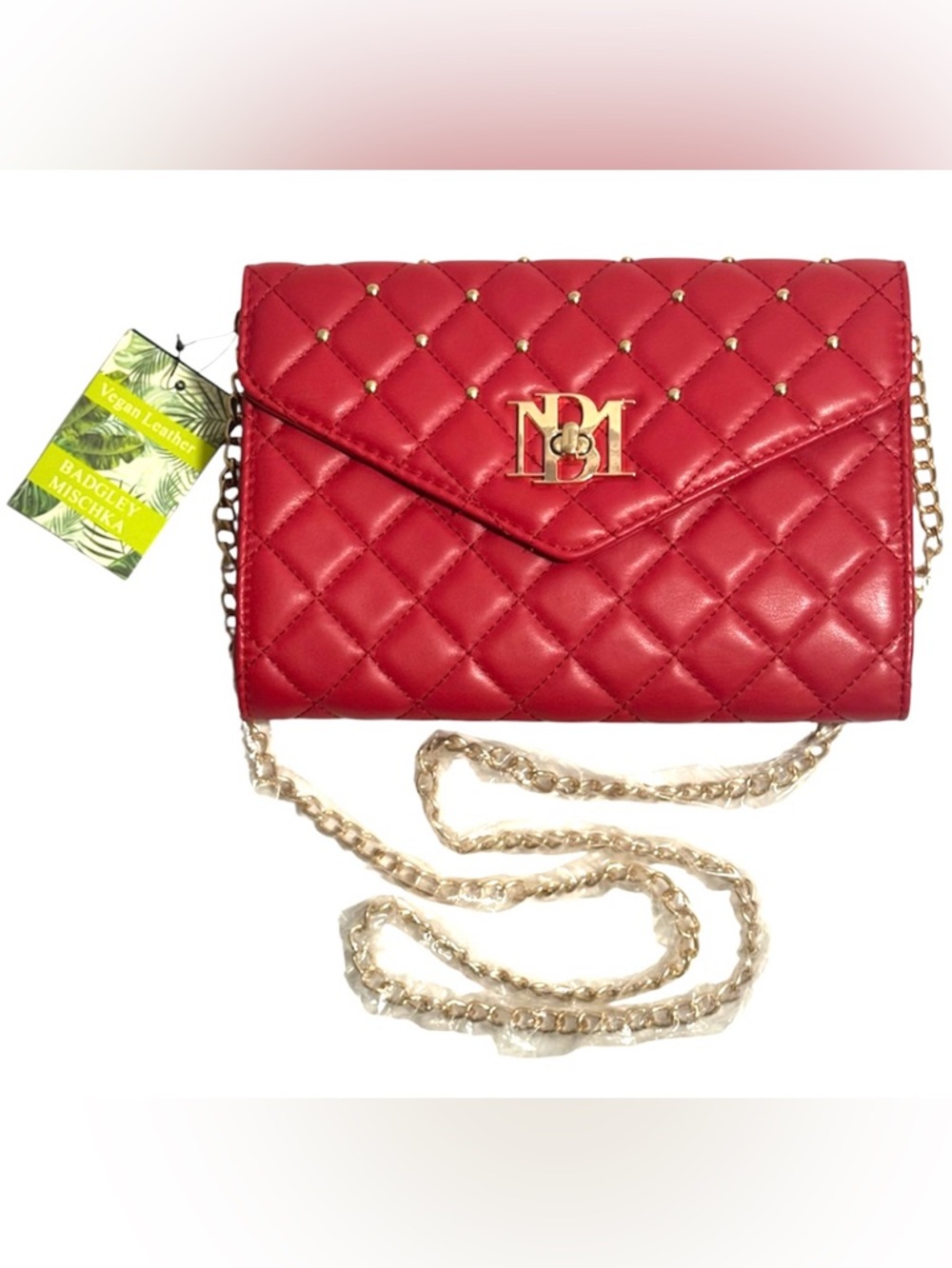Badgley Mischka Red Quilted Clutch Crossbody Gold Chain Evening Bag